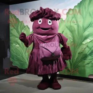 Maroon Cabbage Leaf mascot costume character dressed with a Skirt and Messenger bags, Large