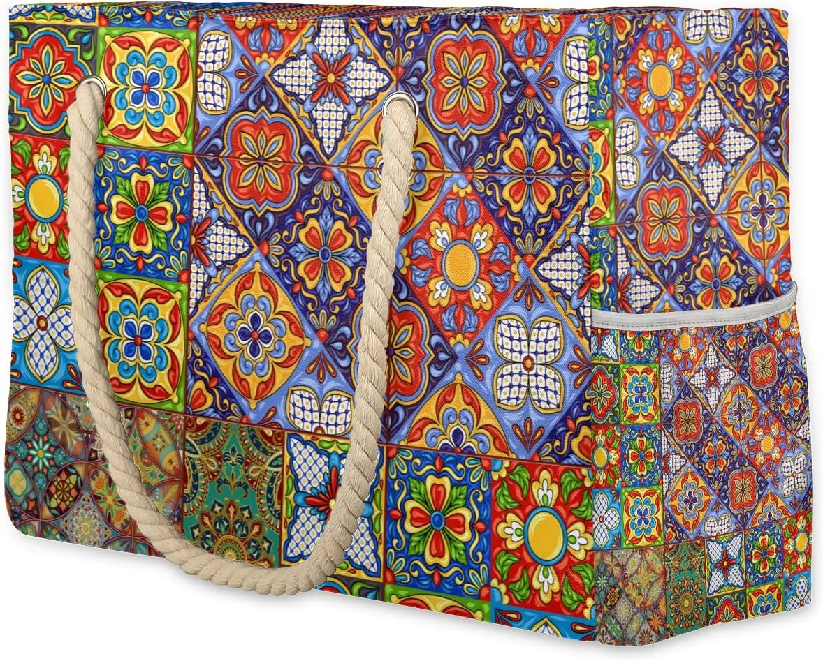 Mexican Folk Tiles Large Beach Tote Bag Women Waterproof Sandproof Zipper Ornamental Art Beach Bag for Pool Gym Grocery Travel with Wet Pocket