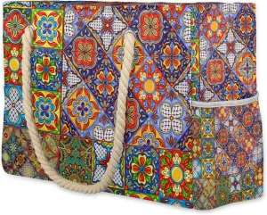 Mexican Folk Tiles Large Beach Tote Bag Women Waterproof Sandproof Zipper Ornamental Art Beach Bag for Pool Gym Grocery Travel with Wet Pocket