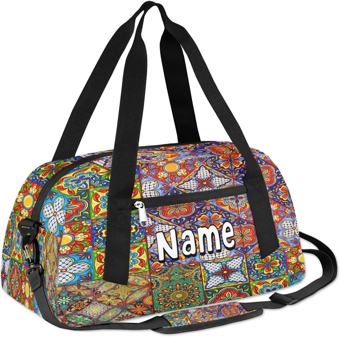 Mexican Folk Tiles Travel Bag for Kids Duffle Bag Boys Personalized Name Weekender Bag Mini Sport Gym Duffel Bag Girls Sleepover Bag Ornamental Art Overnight Duffle Kids Customized Gift