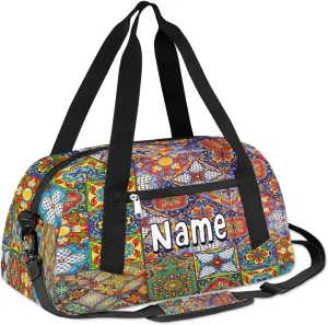Mexican Folk Tiles Travel Bag for Kids Duffle Bag Boys Personalized Name Weekender Bag Mini Sport Gym Duffel Bag Girls Sleepover Bag Ornamental Art Overnight Duffle Kids Customized Gift