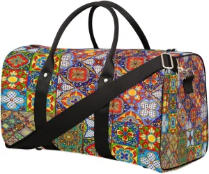 Mexican Folk Tiles Travel Duffel Bag Sport Gym Ornamental Art Duffle Bag Weekender Overnight Tote Bag Foldable Carry on Bag Training Shoulder Bag for Women Men
