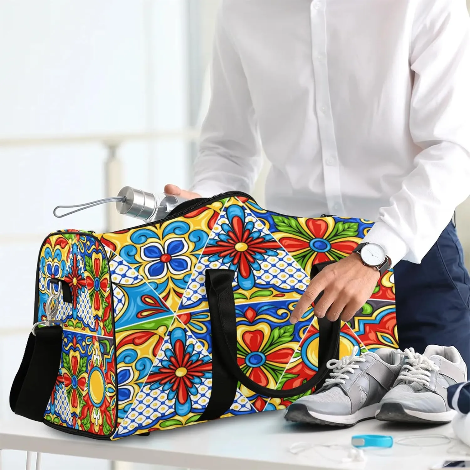Mexican Pattern Talavera Ornamental Travel Duffle Bag for Women Men, Carry On Overnight Bag, Weekend Travel Duffel Tote Bags for Trips Sport Hospital
