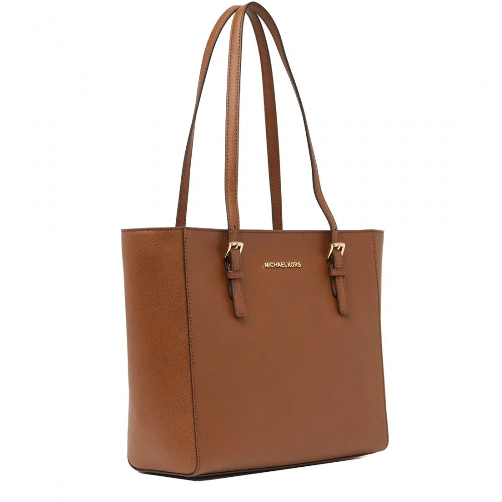 Michael Kors Jet Set Travel Medium Top Zip Leather Tote Bag- Luggage