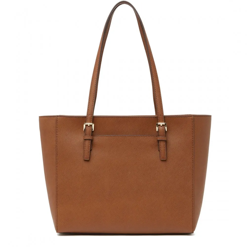 Michael Kors Jet Set Travel Medium Top Zip Leather Tote Bag- Luggage
