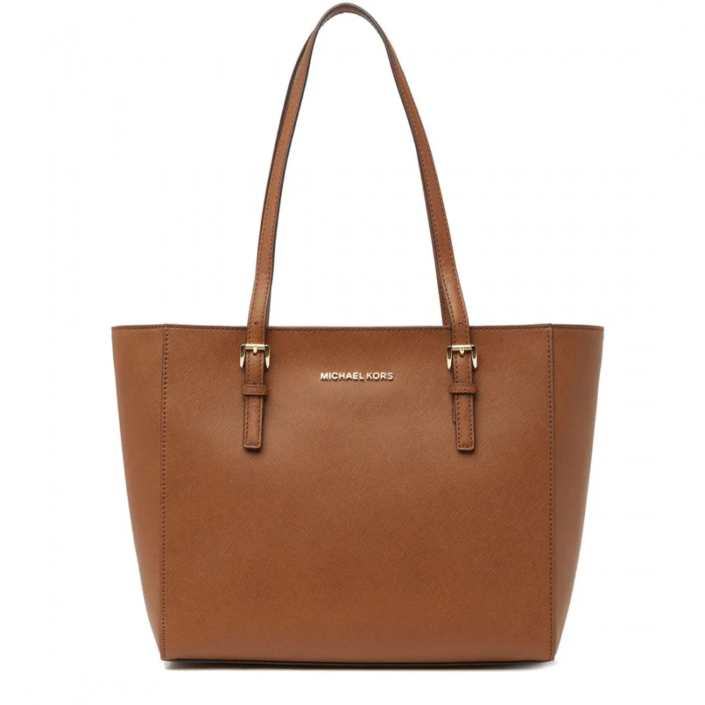 Michael Kors Jet Set Travel Medium Top Zip Leather Tote Bag- Luggage