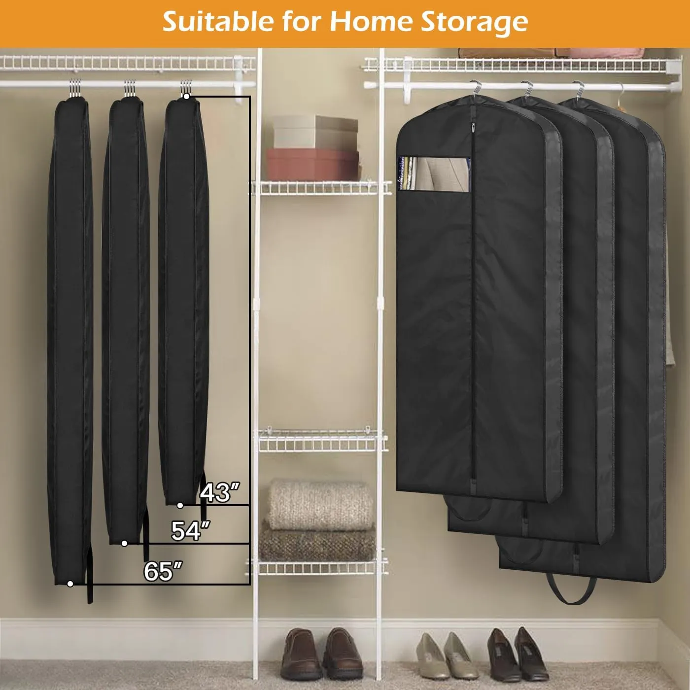 MISSLO 43" Mens Garment Bags for Travel Waterproof Suit Bags for Closet Storage for Shirts, Jackets, Coats, Black, 2 Packs