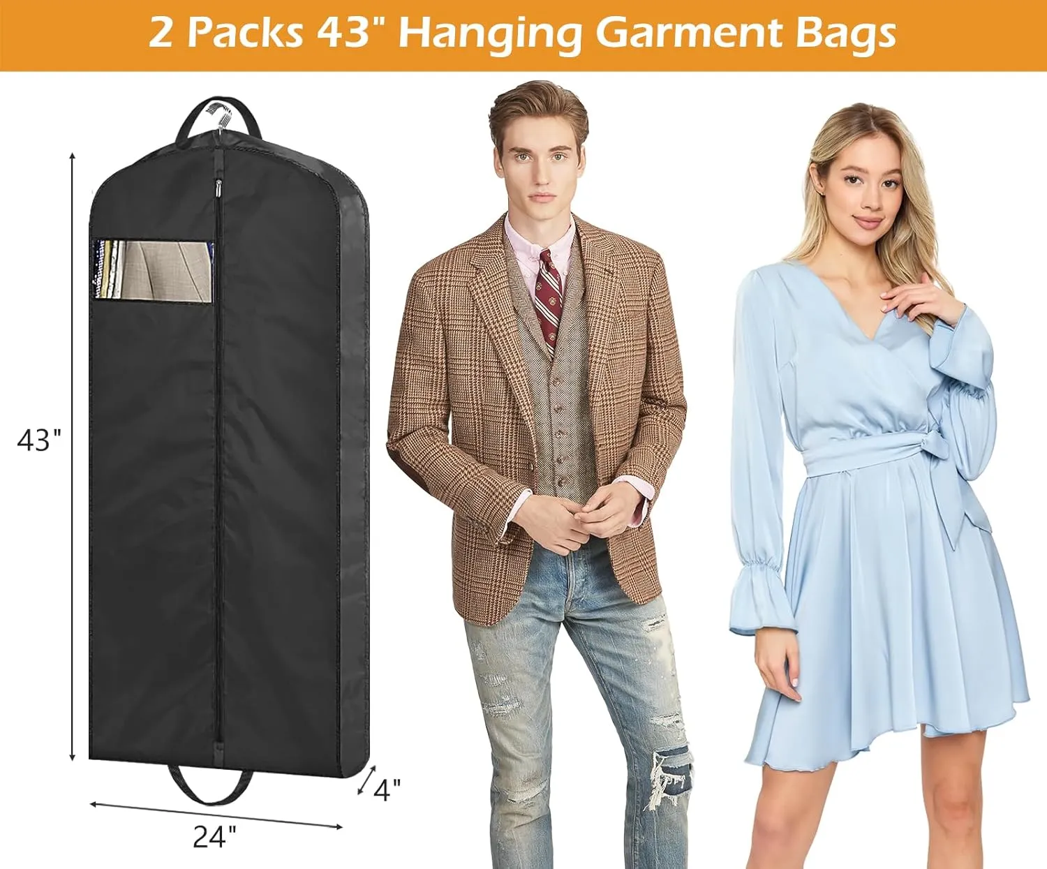 MISSLO 43" Mens Garment Bags for Travel Waterproof Suit Bags for Closet Storage for Shirts, Jackets, Coats, Black, 2 Packs