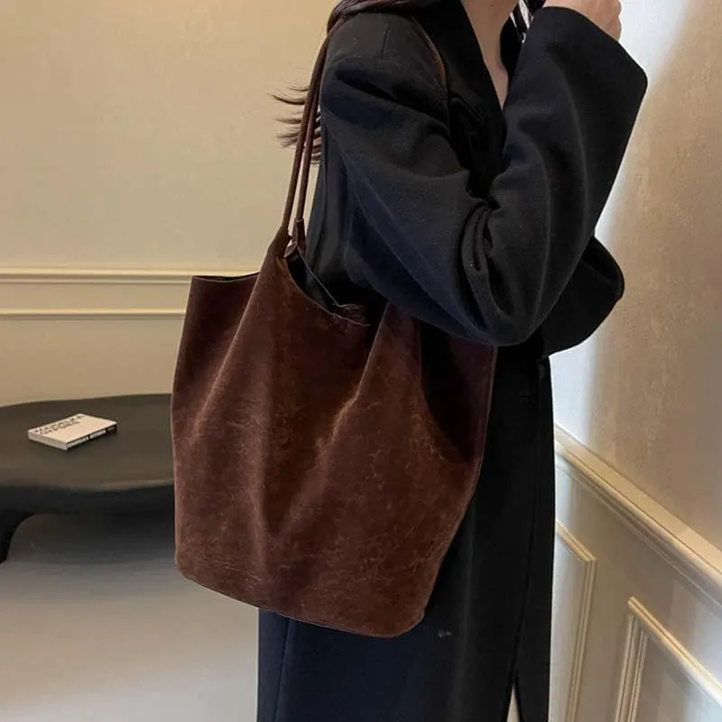 Molodo Suede Leather Tote Bag for Women Retro Shoulder Bag Underarm Handbag Slouchy Tote Purse Work Bag Fall Winter