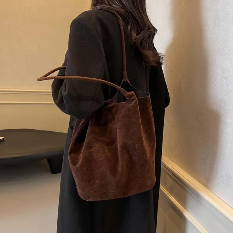 Molodo Suede Leather Tote Bag for Women Retro Shoulder Bag Underarm Handbag Slouchy Tote Purse Work Bag Fall Winter