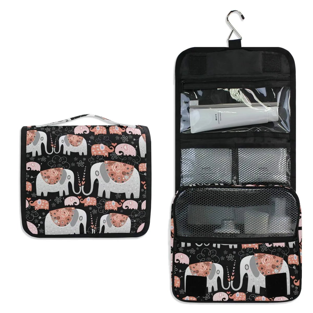 MOYYO Travel Hanging Toiletry Bag Ornamental Elephants Cosmetic Makeup Bag Portable Cosmetic Pouch Waterproof Shower Bag Travel Organizer Case for Women Girls