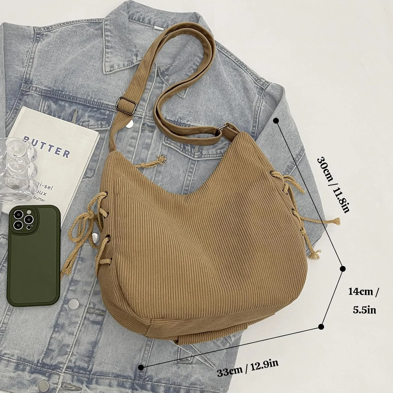 MYHOZEE Corduroy Crossbody Bags for Women Slouchy Hobo Bag Shoulder Bag Large Crescent Cross Body Bag Purses for Woman Zipper
