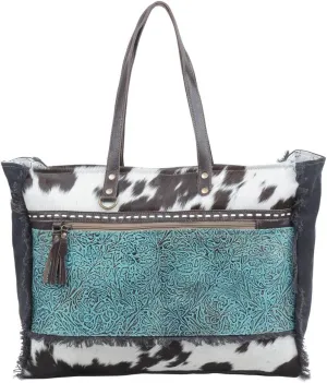 Myra Bag Large Cowhide Purse - Sea Grass Cow Hide Purse for Weekend, Turquoise Tooled Leather with Canvas and Cotton Cowhide Purses for Women, Western Handbags, Western Gifts for Women