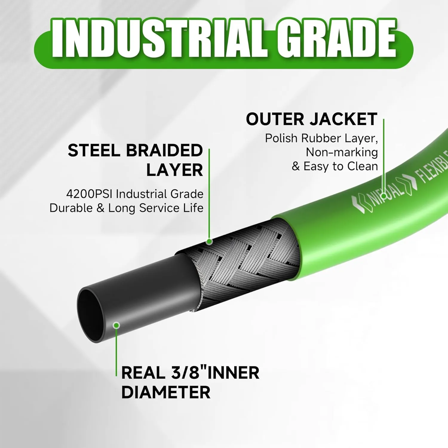 Non Marking 3/8'' Pressure Washer Hose 100FT Kink Resistant Pressure Washing Hose Steel Wire Braided Power Washer Hose 4200PSI for Hot/Cold Water with M22 14mm to 3/8 Inch 360° Swivel Quick Connect
