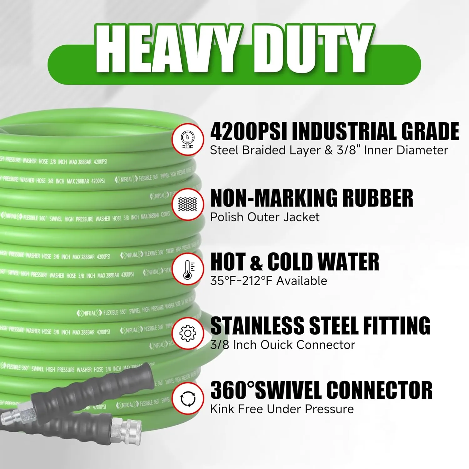 Non Marking 3/8'' Pressure Washer Hose 100FT Kink Resistant Pressure Washing Hose Steel Wire Braided Power Washer Hose 4200PSI for Hot/Cold Water with M22 14mm to 3/8 Inch 360° Swivel Quick Connect