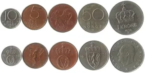 Norway 5 Mixed Coins | 1 Ore to 1 Krone | Norwegian Currency Since 1958
