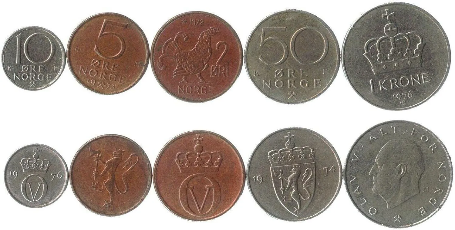 Norway 5 Mixed Coins | 1 Ore to 1 Krone | Norwegian Currency Since 1958