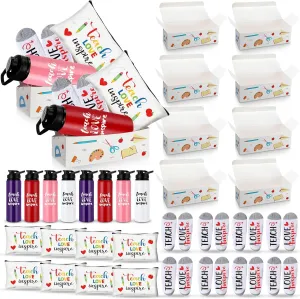 Nuogo 8 Set 32 Pcs Teacher Appreciation Gifts Set Teach Love Inspire Gift Boxes Kit Bulk Graduation Gift for Teacher with Teacher Canvas Makeup Bag Teacher Unisex Sock Water Bottle for Birthday