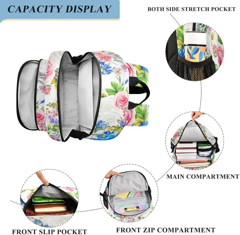 ODAWA Floral Roses White Bakcpack Sturdy Sport Travel Gift Kids Backpack Ages 6-12, 17 Inch
