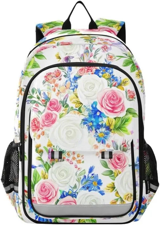 ODAWA Floral Roses White Bakcpack Sturdy Sport Travel Gift Kids Backpack Ages 6-12, 17 Inch