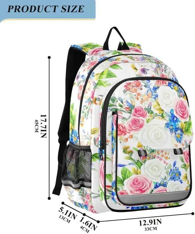 ODAWA Floral Roses White Bakcpack Sturdy Sport Travel Gift Kids Backpack Ages 6-12, 17 Inch