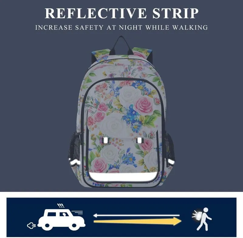 ODAWA Floral Roses White Bakcpack Sturdy Sport Travel Gift Kids Backpack Ages 6-12, 17 Inch