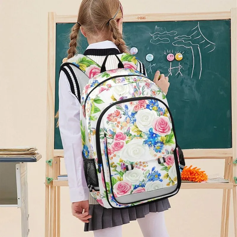 ODAWA Floral Roses White Bakcpack Sturdy Sport Travel Gift Kids Backpack Ages 6-12, 17 Inch
