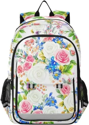 ODAWA Floral Roses White Bakcpack Sturdy Sport Travel Gift Kids Backpack Ages 6-12, 17 Inch