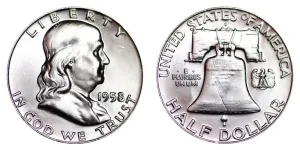 Original U.S. Silver Franklin Half Dollar Coin, Uncirculated, 1958