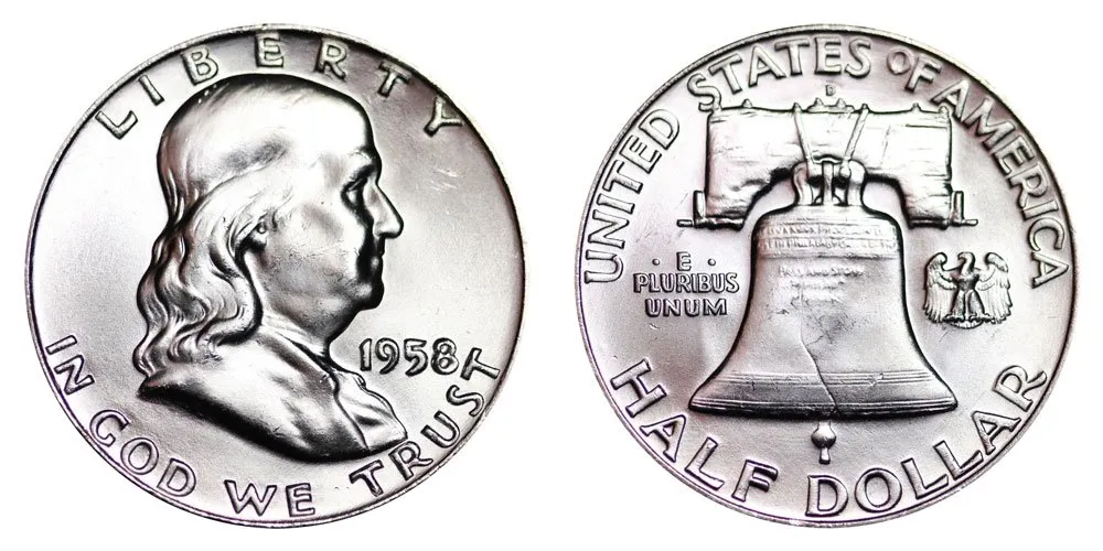 Original U.S. Silver Franklin Half Dollar Coin, Uncirculated, 1958