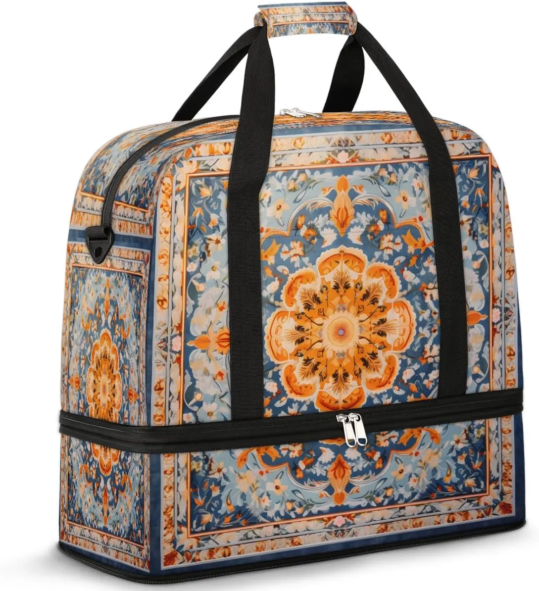 Ornamental Floral Tile Travel Duffel Bag, Travel Essentials, Gym Bag for Women, Weekender Overnight Bag With Shoes Compartment, Carry On Bags for Airplanes