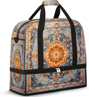 Ornamental Floral Tile Travel Duffel Bag, Travel Essentials, Gym Bag for Women, Weekender Overnight Bag With Shoes Compartment, Carry On Bags for Airplanes