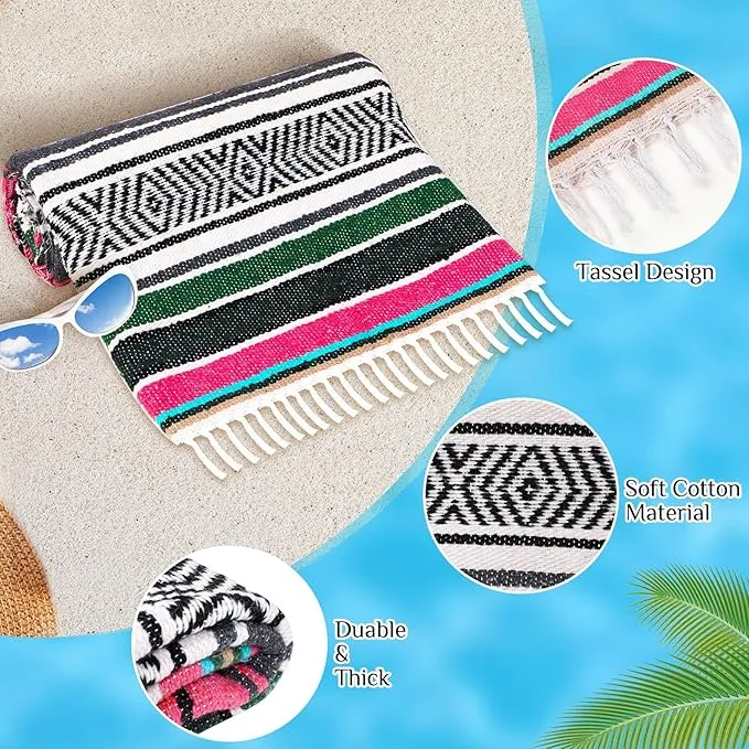 Oudain Mexican Blankets and Throws 45 x 70 Inch, Cotton Outdoor Camping Blanket Woven Serape Yoga Blanket Fiesta Picnic Beach Blankets(Classic Color, 3 Pack)