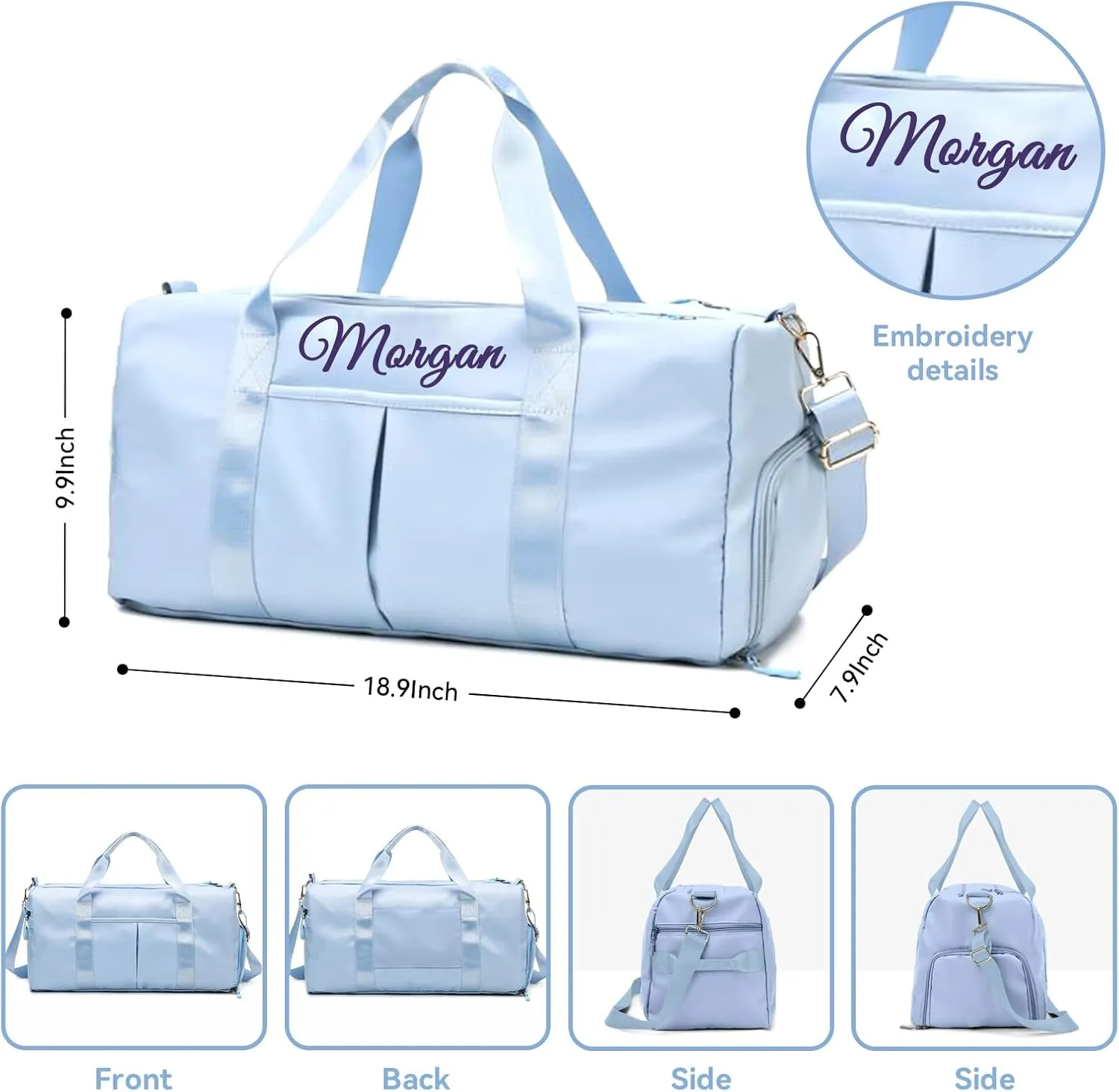Personalized Duffel Bag Embroidered Name Text Custom Sport Gym Bags Travel With Wet Dry Pockets & Shoe Weekend Travel Bag Overnight Bag for Women Men-Blue