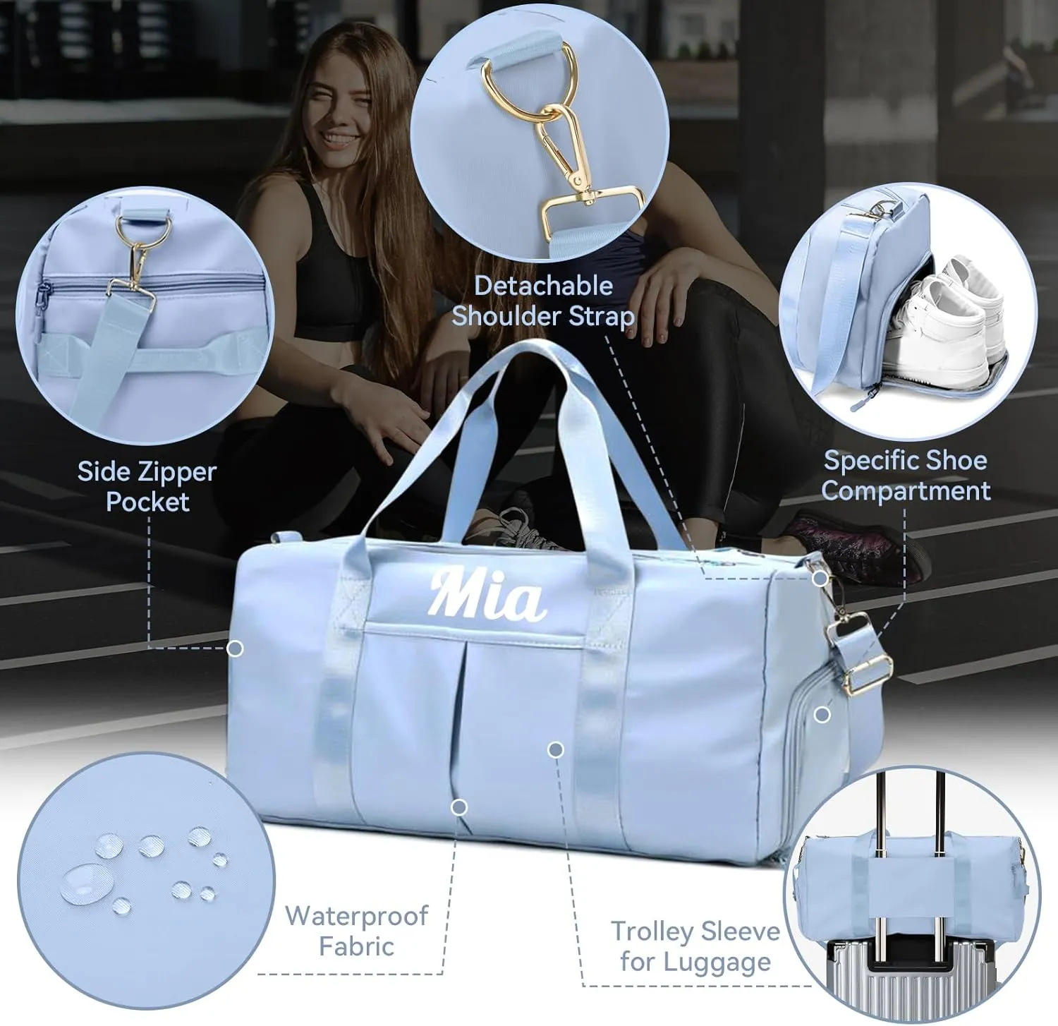 Personalized Duffel Bag Embroidered Name Text Custom Sport Gym Bags Travel With Wet Dry Pockets & Shoe Weekend Travel Bag Overnight Bag for Women Men-Blue