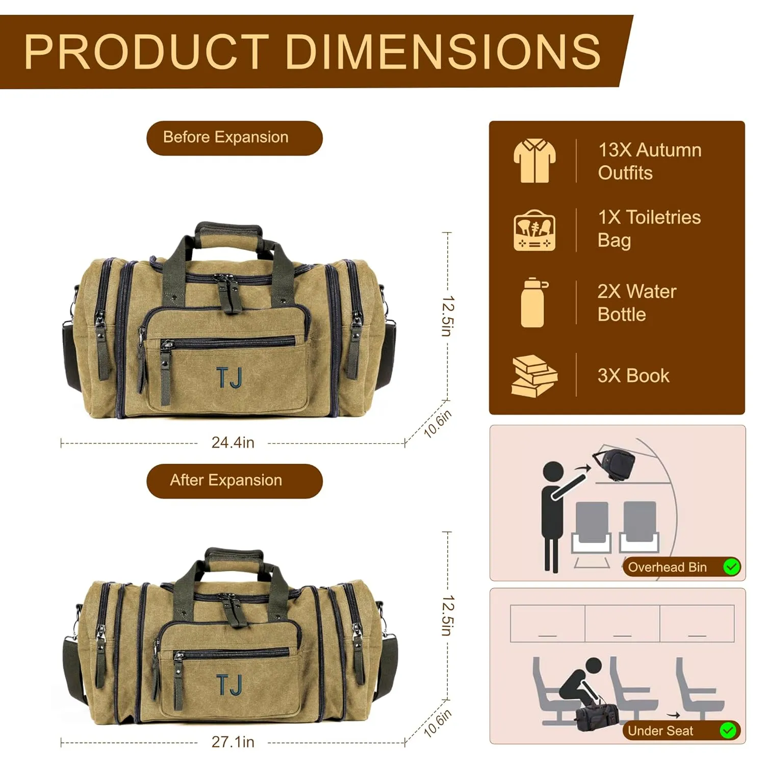 Personalized Duffle Bags for Men - Expandable Canvas Duffle Bag for Travel - Mens Overnight Bag or Weekender Bag with Shoe Compartment - Carry-On Duffel Bag for Short Trip, Gym & Camping (tan)