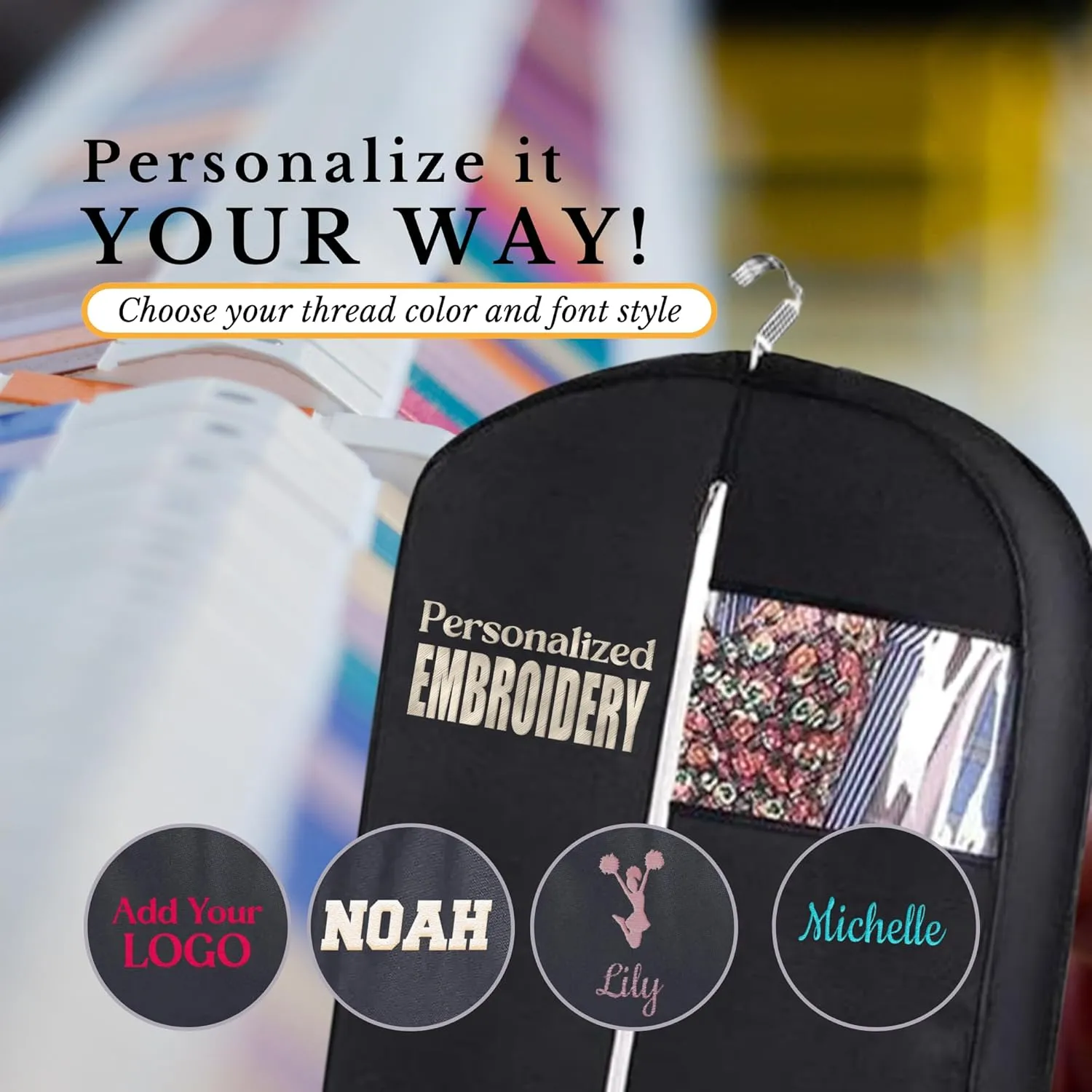 Personalized Garment bag for Hanging Clothes -Embroidered Horse Show Breathable Black Uniform Bags With 2 Mesh Pockets for Horse Show Riding Wear, Contest Uniform, Custom Cover Bag with Carry Handle