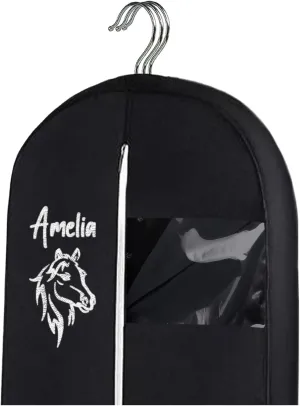 Personalized Garment bag for Hanging Clothes -Embroidered Horse Show Breathable Black Uniform Bags With 2 Mesh Pockets for Horse Show Riding Wear, Contest Uniform, Custom Cover Bag with Carry Handle
