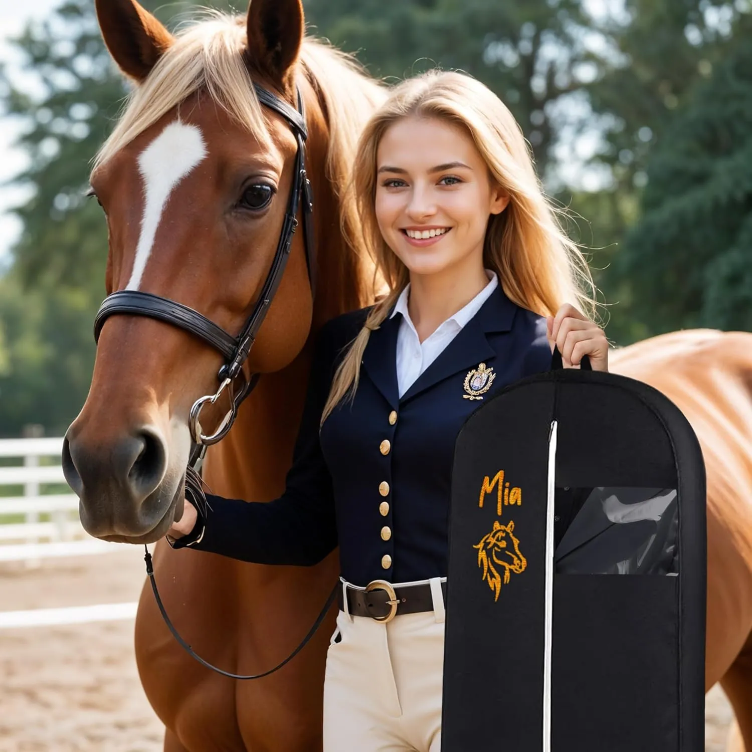 Personalized Garment bag for Hanging Clothes -Embroidered Horse Show Breathable Black Uniform Bags With 2 Mesh Pockets for Horse Show Riding Wear, Contest Uniform, Custom Cover Bag with Carry Handle