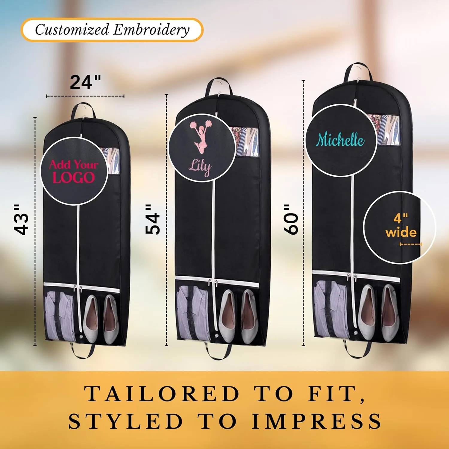 Personalized Garment bag for Hanging Clothes -Embroidered Horse Show Breathable Black Uniform Bags With 2 Mesh Pockets for Horse Show Riding Wear, Contest Uniform, Custom Cover Bag with Carry Handle