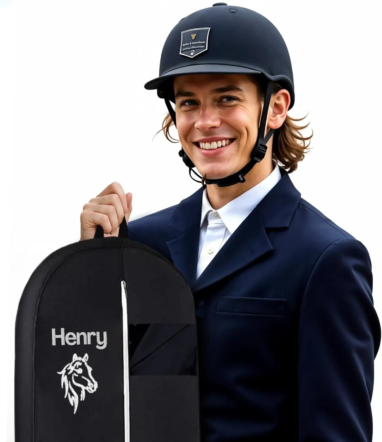 Personalized Garment bag for Hanging Clothes -Embroidered Horse Show Breathable Black Uniform Bags With 2 Mesh Pockets for Horse Show Riding Wear, Contest Uniform, Custom Cover Bag with Carry Handle