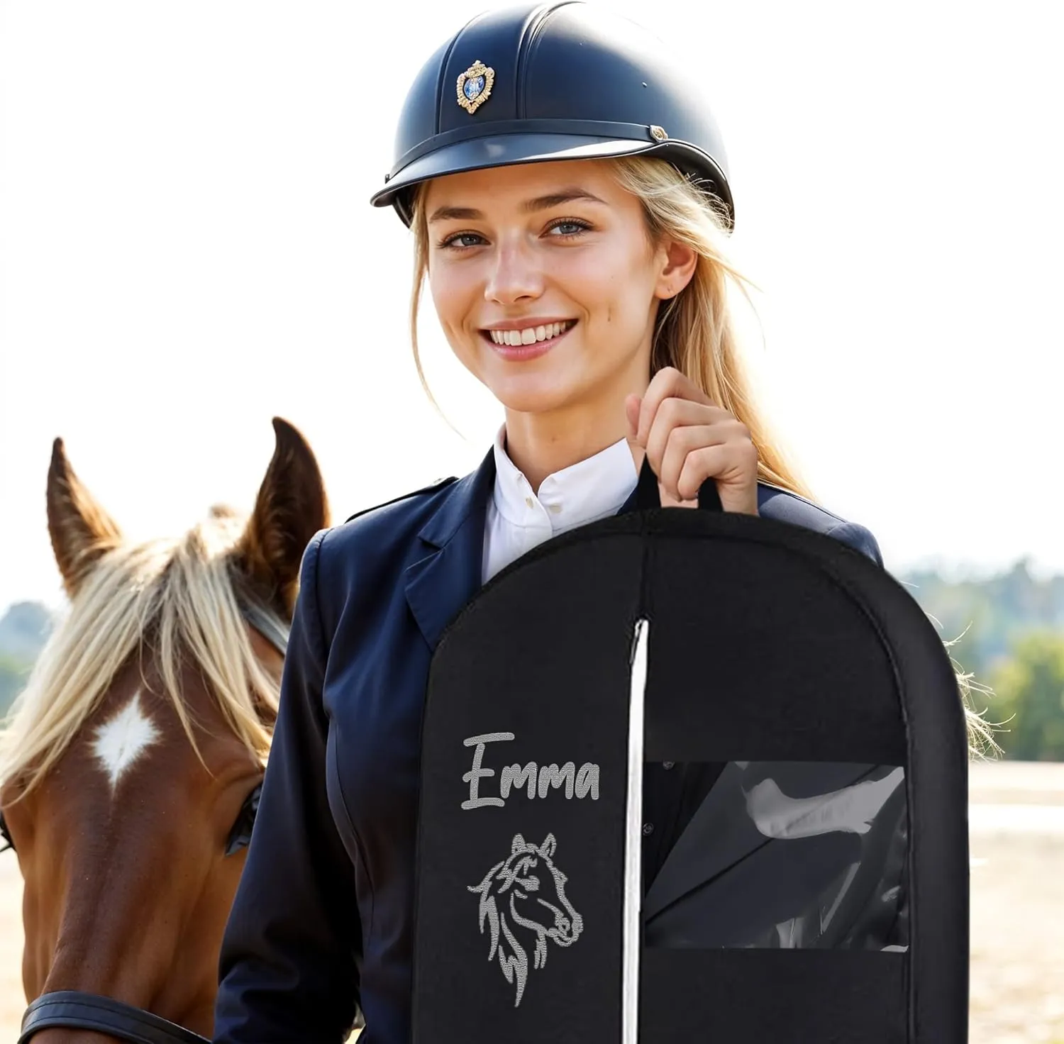 Personalized Garment bag for Hanging Clothes -Embroidered Horse Show Breathable Black Uniform Bags With 2 Mesh Pockets for Horse Show Riding Wear, Contest Uniform, Custom Cover Bag with Carry Handle