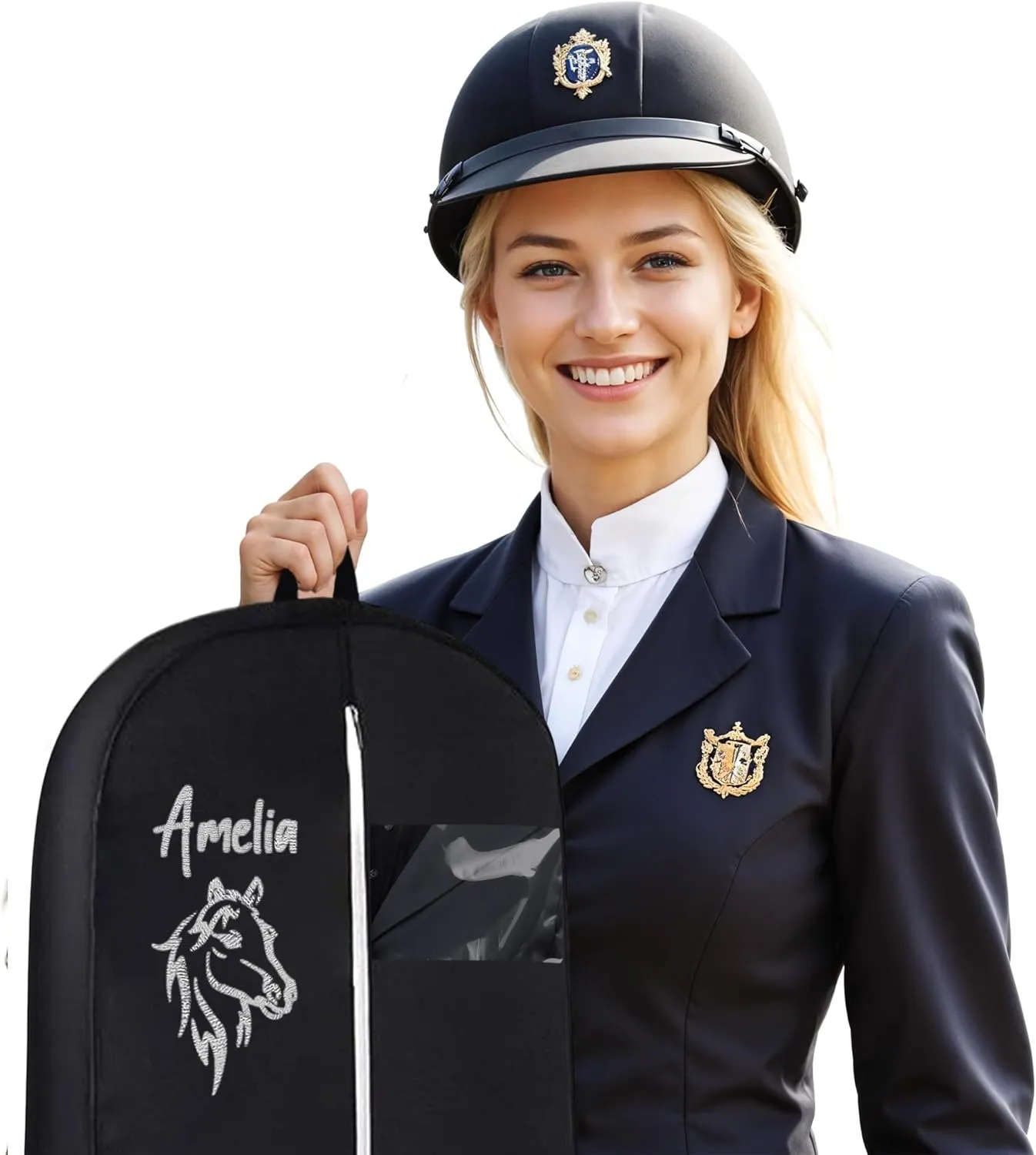 Personalized Garment bag for Hanging Clothes -Embroidered Horse Show Breathable Black Uniform Bags With 2 Mesh Pockets for Horse Show Riding Wear, Contest Uniform, Custom Cover Bag with Carry Handle