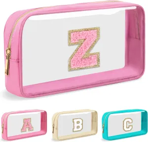 Personalized Initial Letter Clear Makeup Bag,Preppy Small Nylon&PVC Cosmetic Zipper Bag with Chenille Letter,Portable Beach Travel Skincare Toiletry Bag,Trendy Monogram Gift for Teen Girls Women,Z