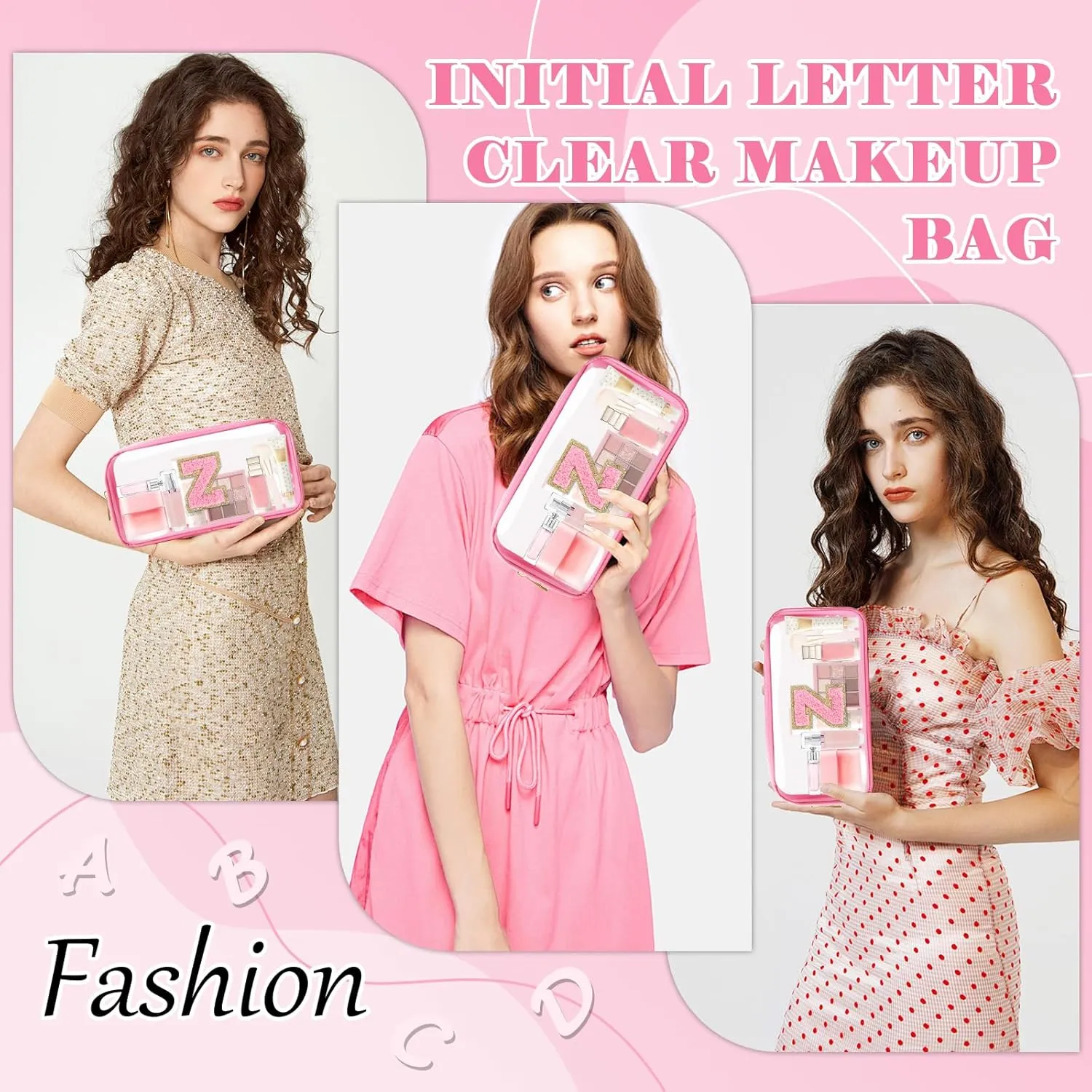 Personalized Initial Letter Clear Makeup Bag,Preppy Small Nylon&PVC Cosmetic Zipper Bag with Chenille Letter,Portable Beach Travel Skincare Toiletry Bag,Trendy Monogram Gift for Teen Girls Women,Z