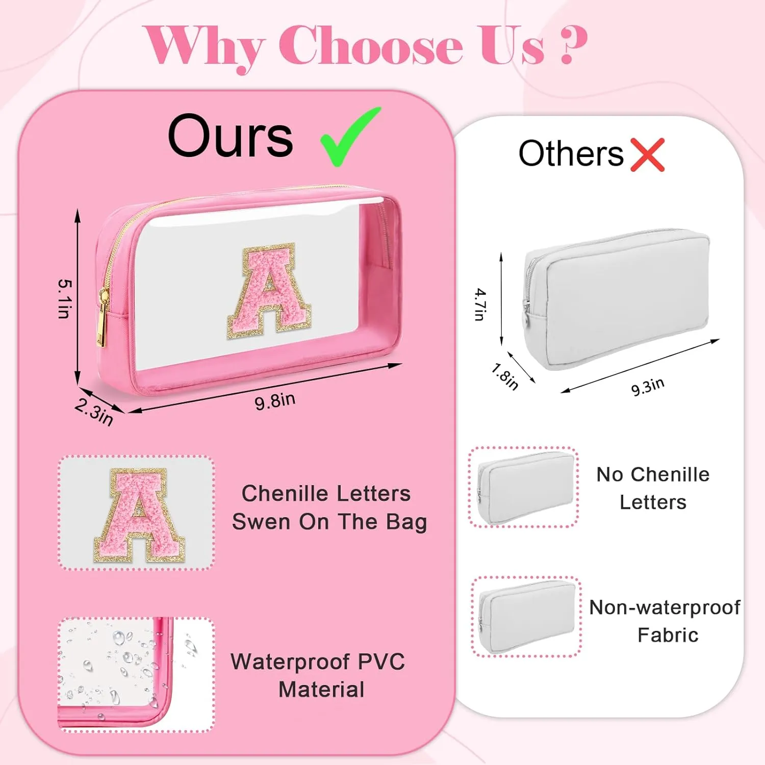 Personalized Initial Letter Clear Makeup Bag,Preppy Small Nylon&PVC Cosmetic Zipper Bag with Chenille Letter,Portable Beach Travel Skincare Toiletry Bag,Trendy Monogram Gift for Teen Girls Women,Z