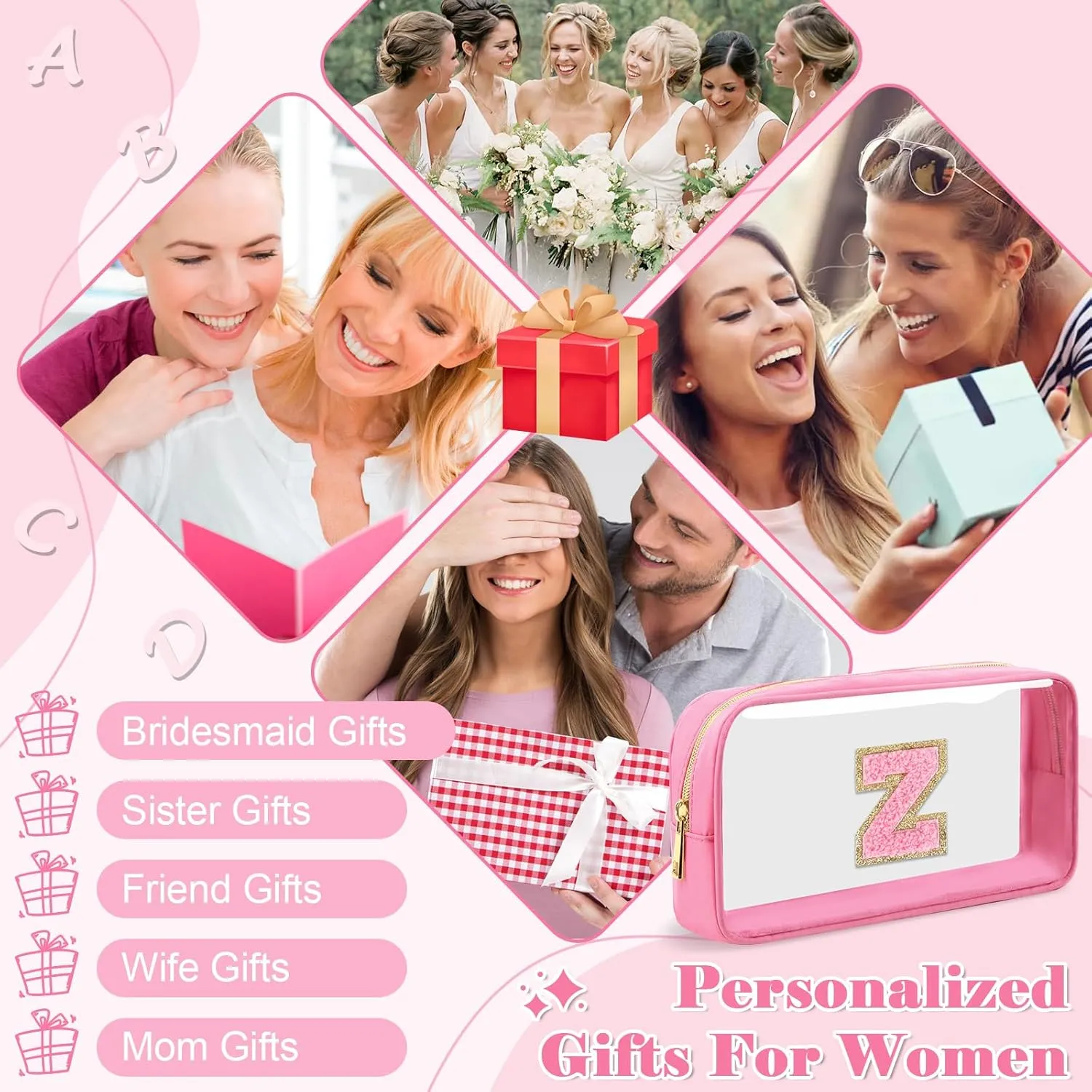 Personalized Initial Letter Clear Makeup Bag,Preppy Small Nylon&PVC Cosmetic Zipper Bag with Chenille Letter,Portable Beach Travel Skincare Toiletry Bag,Trendy Monogram Gift for Teen Girls Women,Z