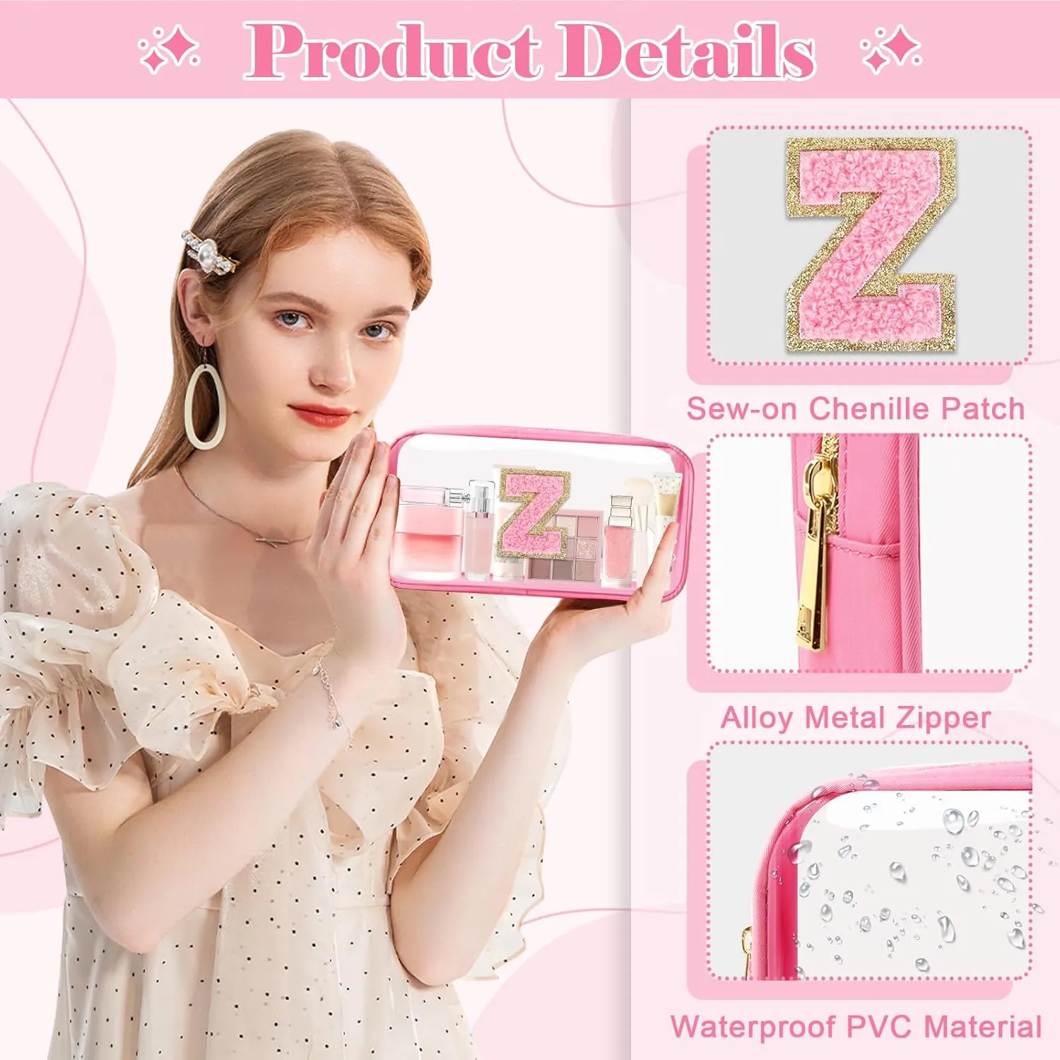 Personalized Initial Letter Clear Makeup Bag,Preppy Small Nylon&PVC Cosmetic Zipper Bag with Chenille Letter,Portable Beach Travel Skincare Toiletry Bag,Trendy Monogram Gift for Teen Girls Women,Z