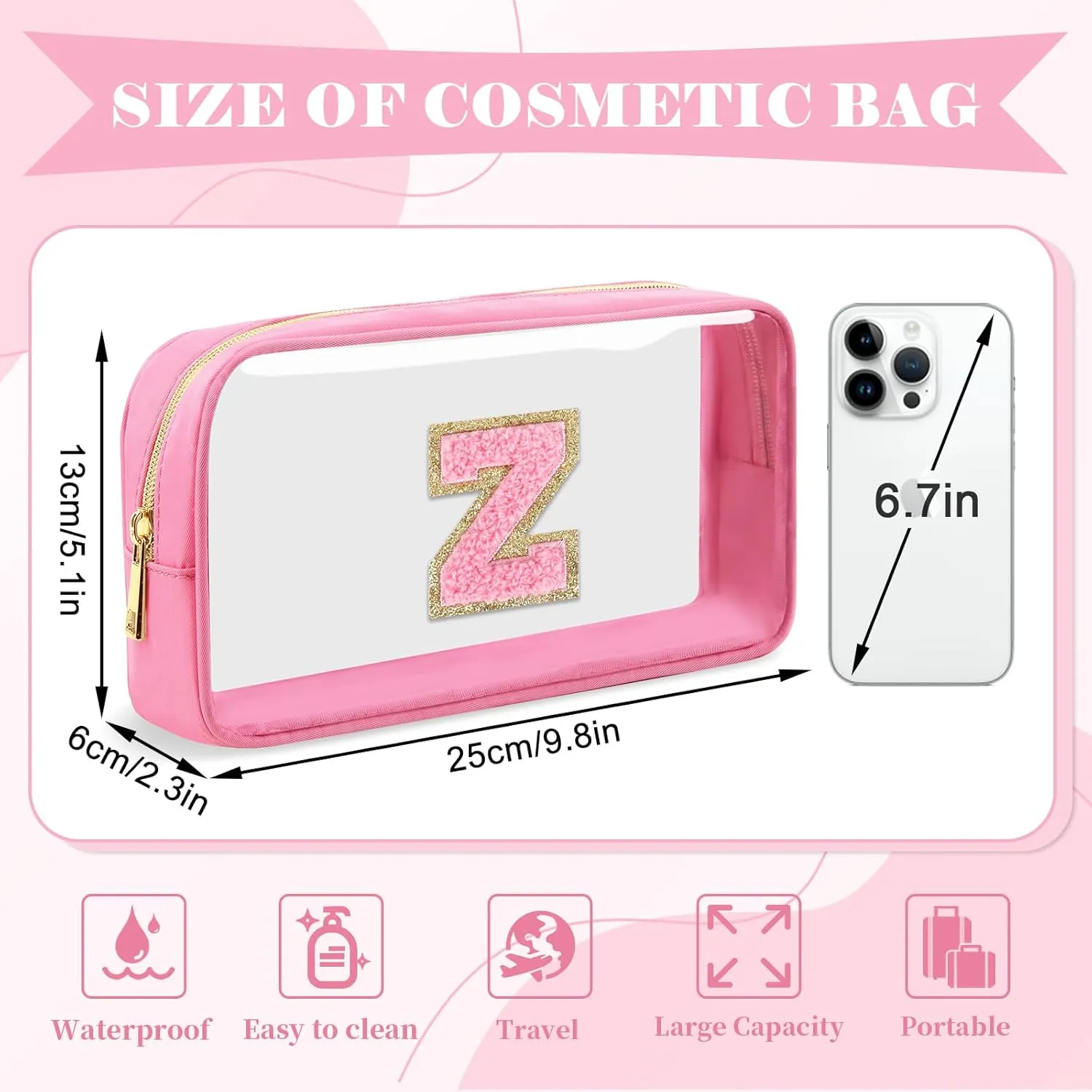Personalized Initial Letter Clear Makeup Bag,Preppy Small Nylon&PVC Cosmetic Zipper Bag with Chenille Letter,Portable Beach Travel Skincare Toiletry Bag,Trendy Monogram Gift for Teen Girls Women,Z