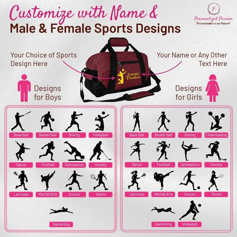 Personalized Passion Small Sports Duffel Bags for Kids - 14” Waterproof Travel Duffle with Embroidered Name & Martial Arts Design - Purple Two-Toned Kids Weekender Bag for Boys and Girls